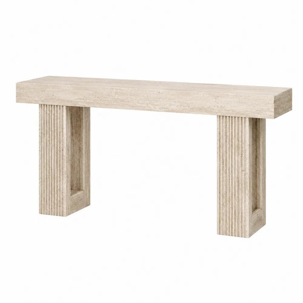 Consolle soggiorno in MDF effetto travertino con doppia base scanalata colore beige 130 cm x 40 cm x 80 cm