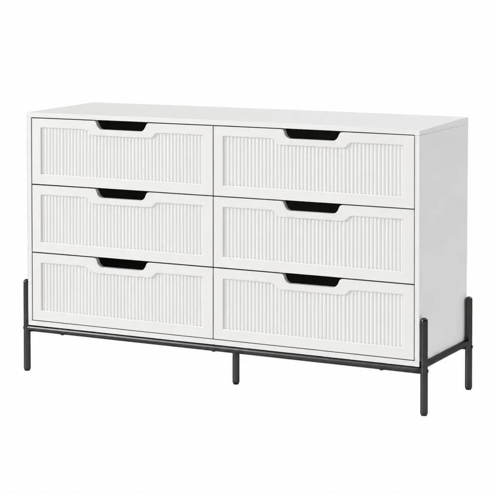 Cassettiera 6 cassetti in MDF melaminico bianco con struttura in acciaio nero base metallica 120x40x75 cm