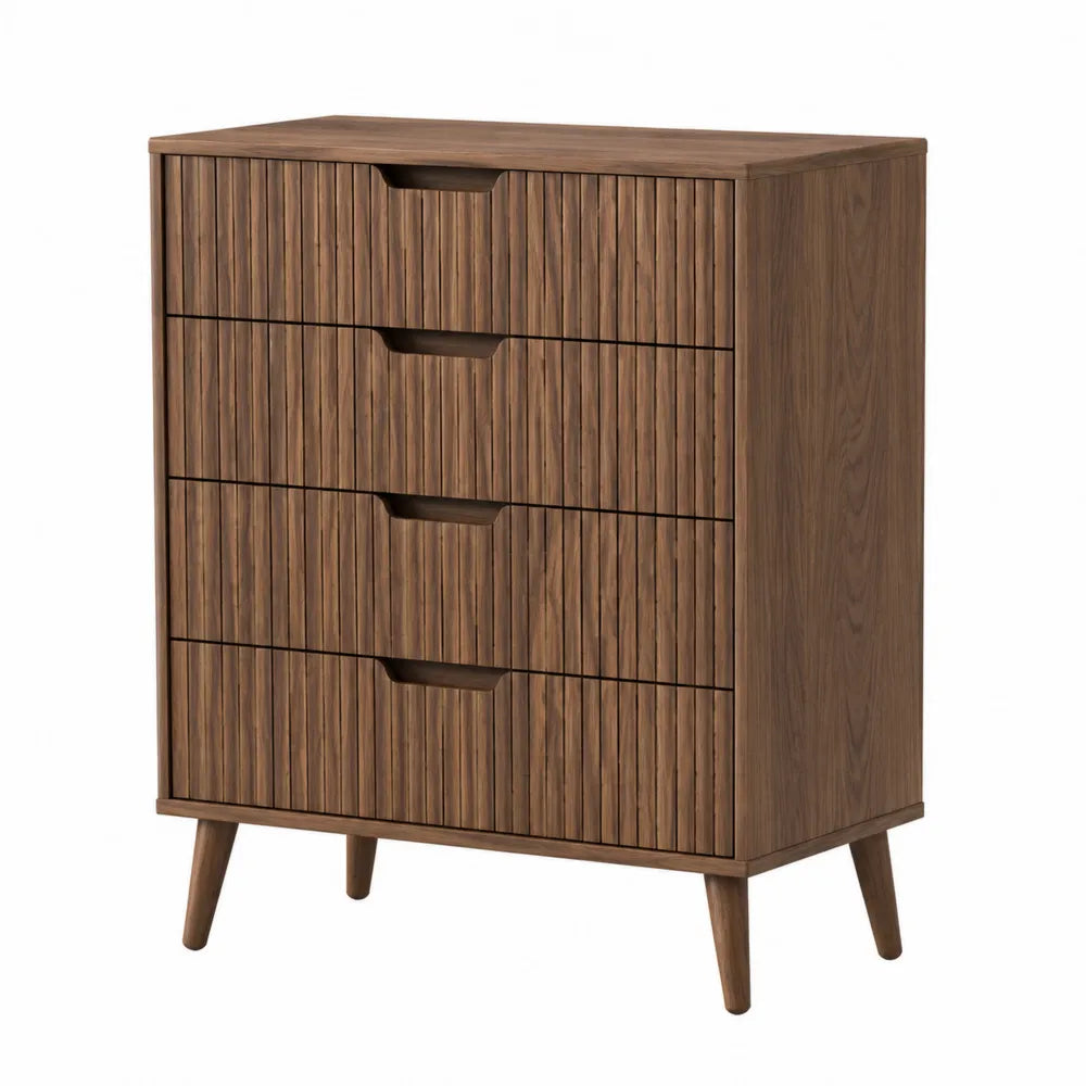 Cassettiera con 4 cassetti effetto noce struttura in MDF gambe in legno massello design moderno frontali rigati