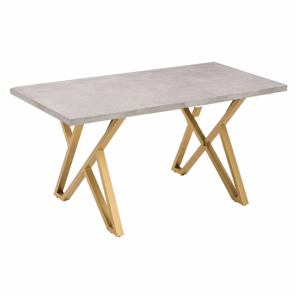 Tavolo da pranzo rettangolare piano effetto marmo MDF struttura in acciaio verniciato a polvere oro gambe incrociate 160 cm x 80 cm x 75 cm