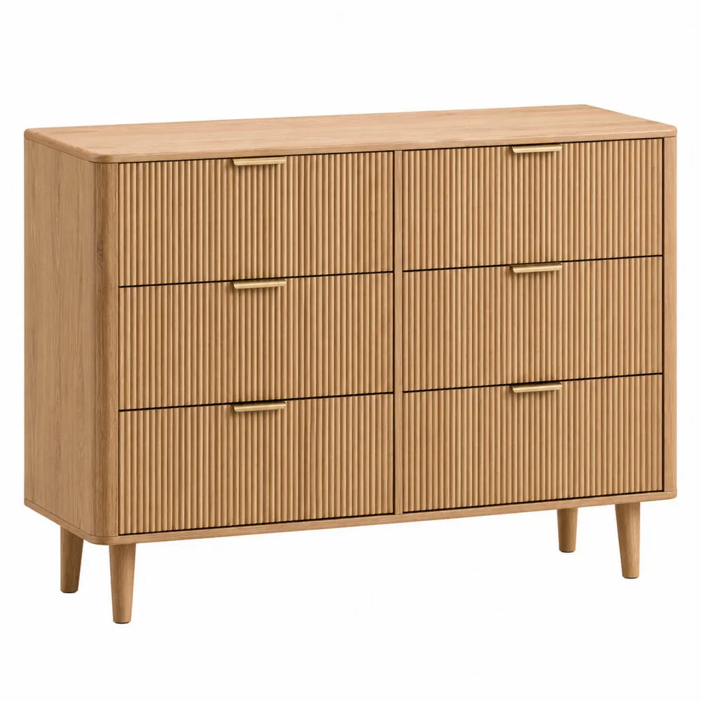 cassettiera in legno effetto rovere con 6 cassetti struttura in legno ingegnerizzato colore legno naturale con gambe in legno massello