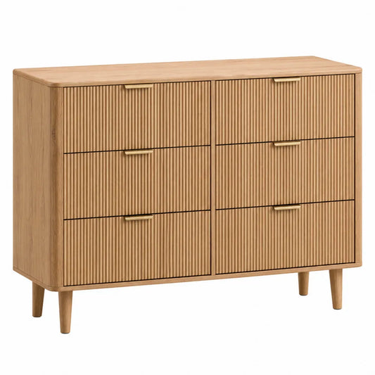 cassettiera in legno effetto rovere con 6 cassetti struttura in legno ingegnerizzato colore legno naturale con gambe in legno massello