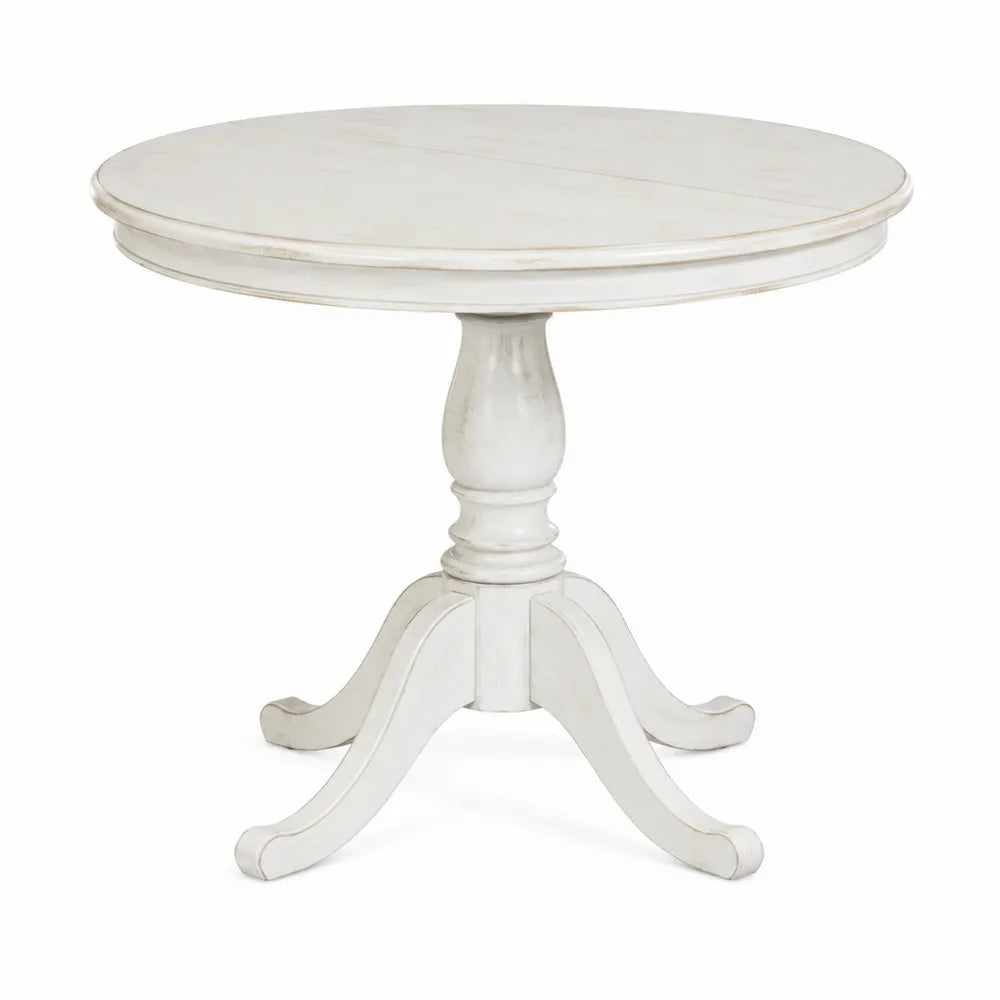 Tavolo da pranzo rotondo in legno massello con base centrale e finitura bianco anticato diametro 120 cm altezza 76 cm