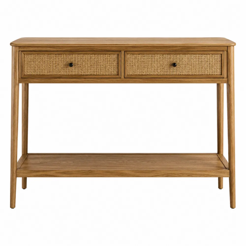 Tavolo consolle rettangolare in legno massello di quercia naturale e rattan beige con 2 cassetti e ripiano 120 x 35 x 80 cm