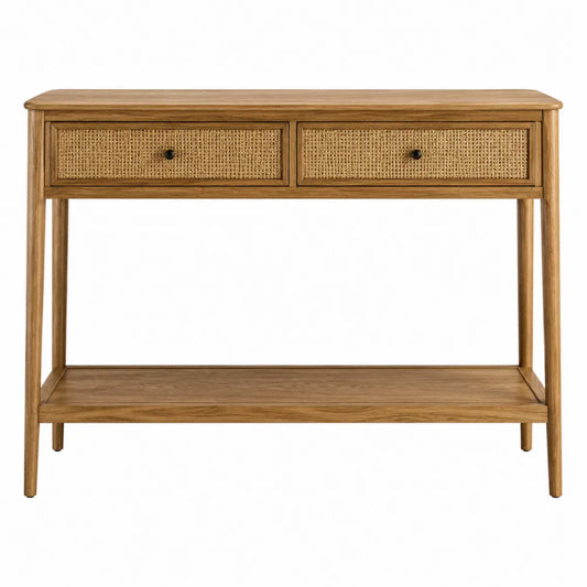 Tavolo consolle rettangolare in legno massello di quercia naturale e rattan beige con 2 cassetti e ripiano 120 x 35 x 80 cm