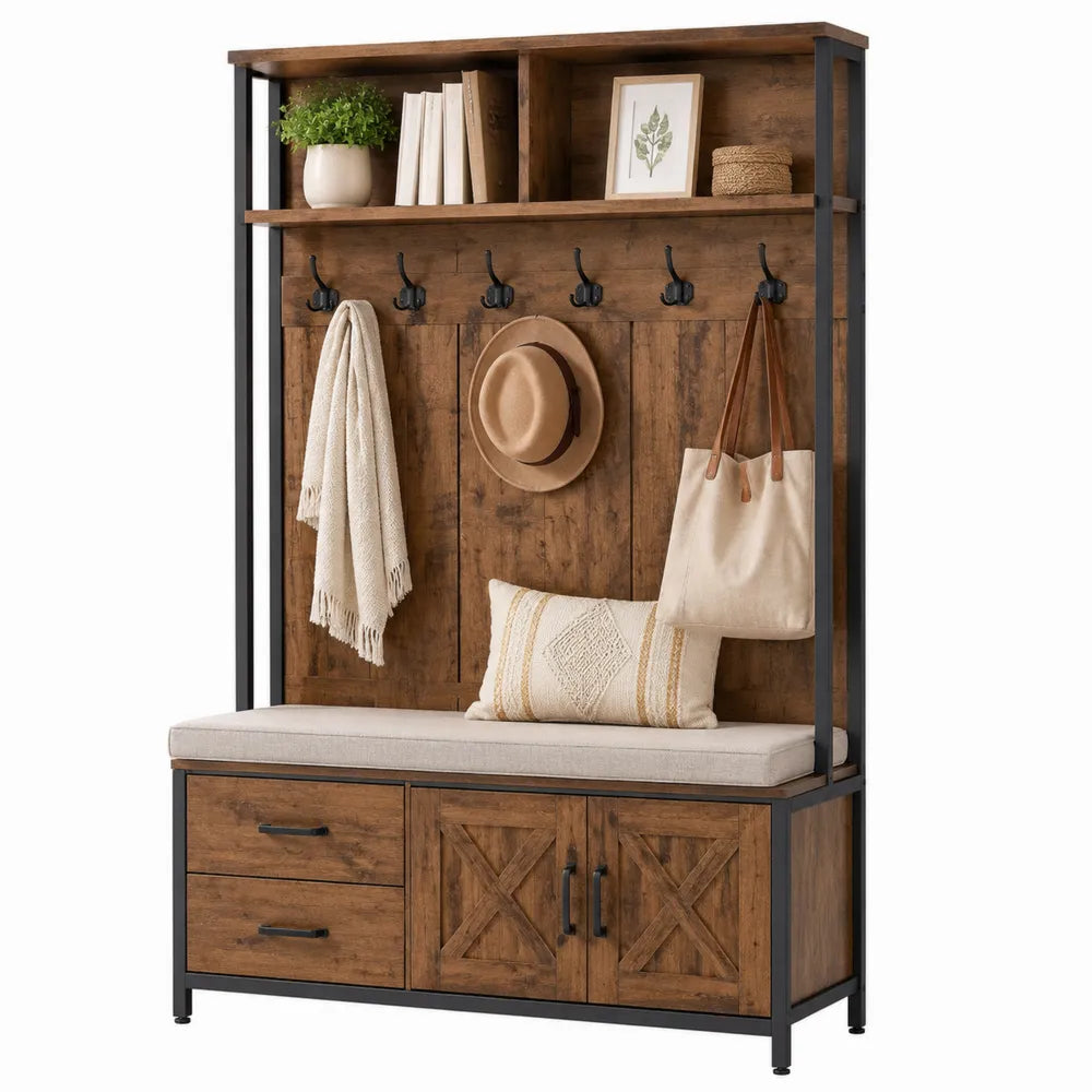 Appendiabiti da ingresso con panca contenitore in MDF e acciaio verniciato nero 120 cm x 40 cm x 180 cm legno naturale nero beige con ganci cassetti e armadietto