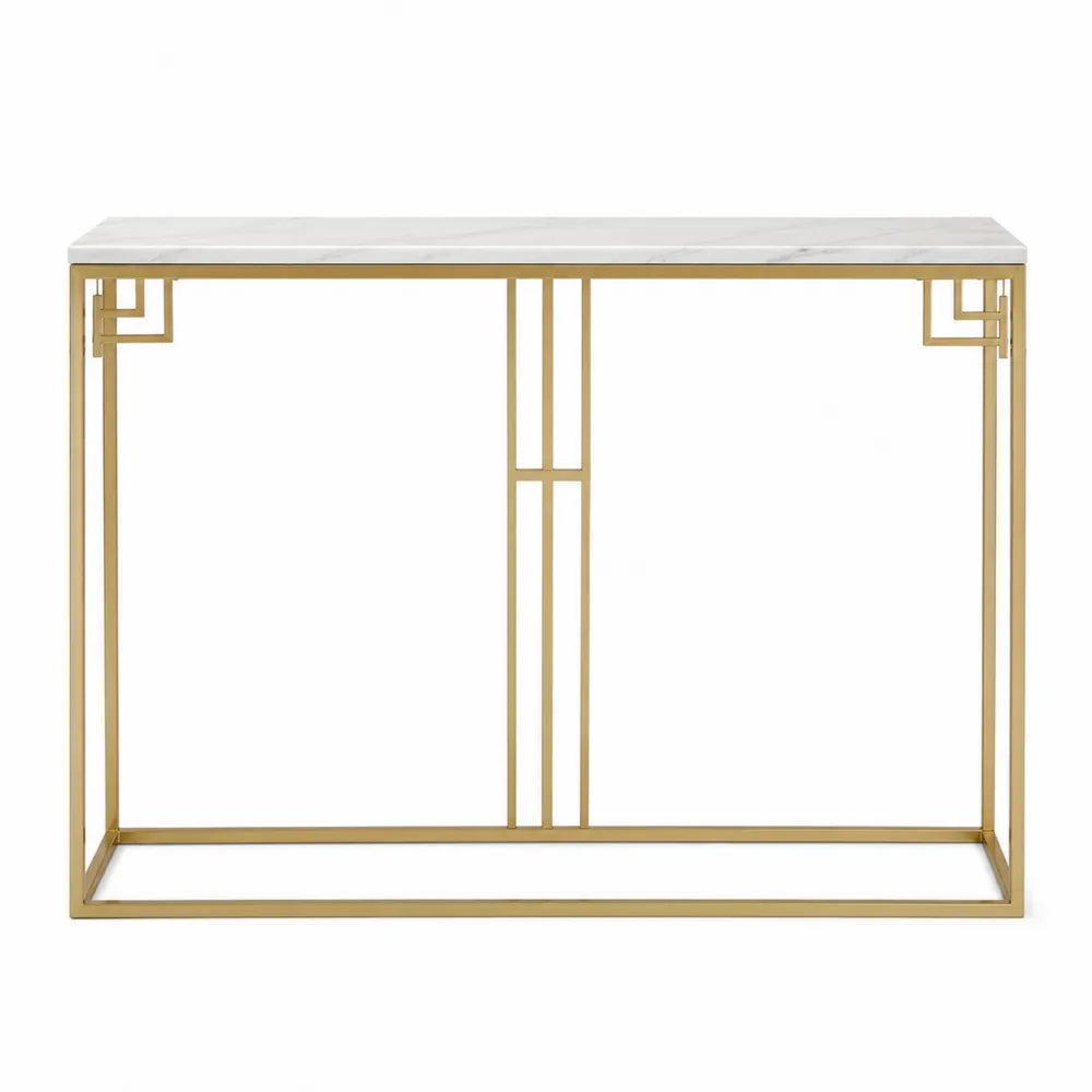 Tavolo consolle 120 cm piano in pietra sinterizzata effetto marmo bianco struttura in acciaio verniciato oro forma rettangolare 80 cm altezza 35 cm profondità