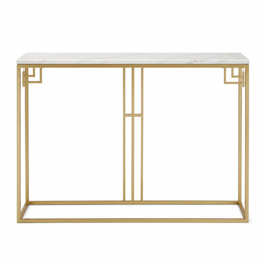 Tavolo consolle 120 cm piano in pietra sinterizzata effetto marmo bianco struttura in acciaio verniciato oro forma rettangolare 80 cm altezza 35 cm profondità