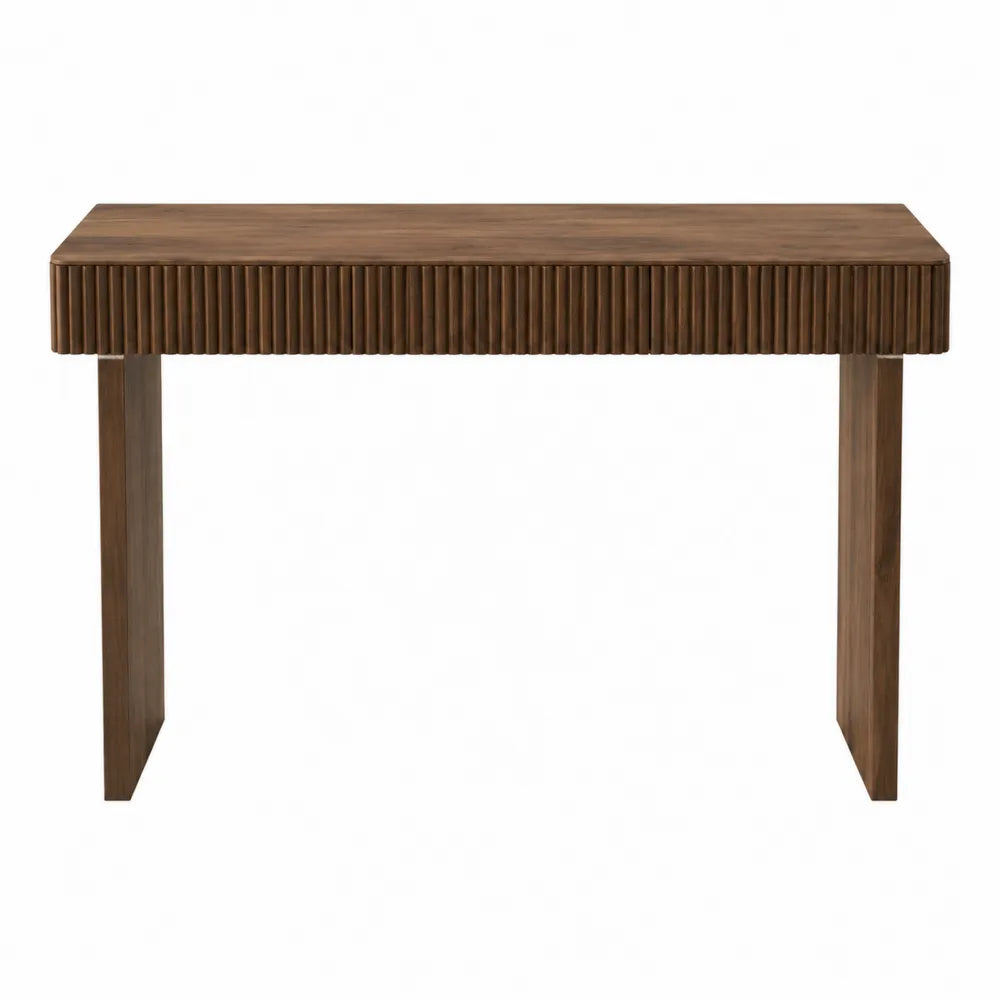 Tavolo consolle in MDF effetto legno noce con frontale scanalato e struttura a due gambe 120 cm x 35 cm x 80 cm circa