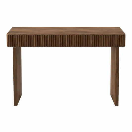 Tavolo consolle in MDF effetto legno noce con frontale scanalato e struttura a due gambe 120 cm x 35 cm x 80 cm circa