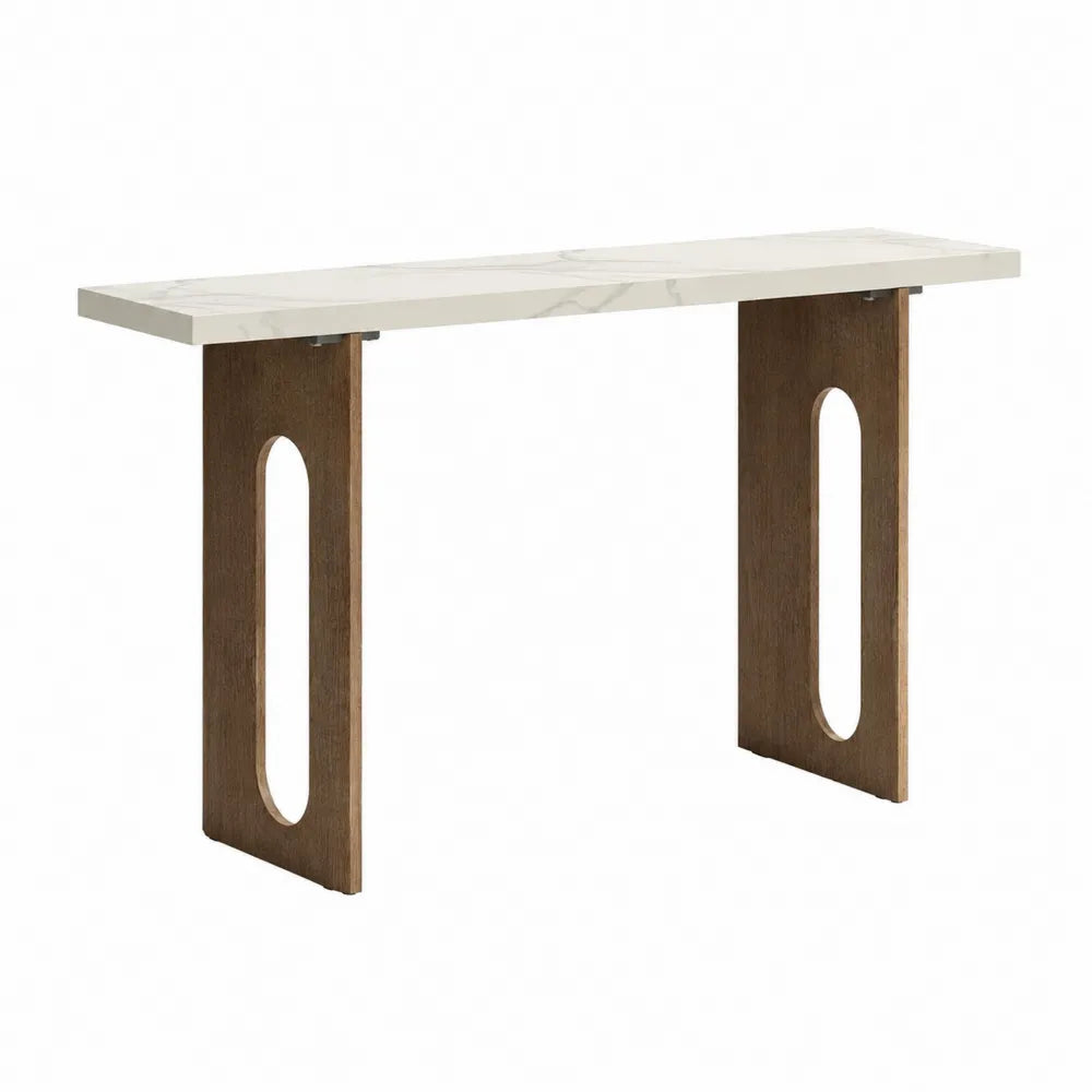 Tavolo consolle rettangolare con piano in pietra sinterizzata effetto marmo bianco e struttura in MDF rovere naturale 120 x 35 x 80 cm