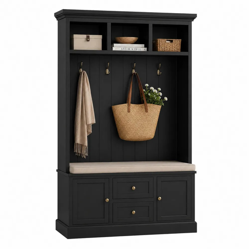 Mobile ingresso appendiabiti rettangolare con panca cuscino ante cassetti e ganci in MDF nero e beige 120 x 40 x 200 cm