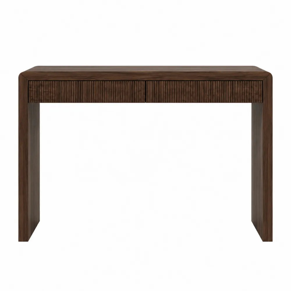 Tavolo consolle 120 cm in MDF impiallacciato noce scuro con due cassetti struttura rettangolare con gambe in legno massello senza ripiano inferiore
