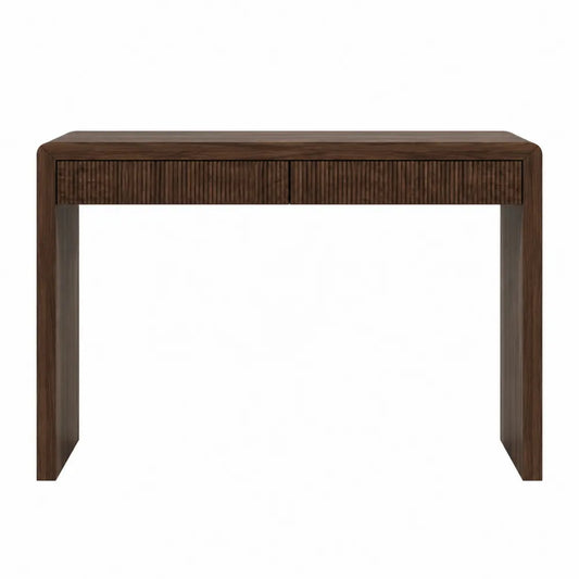 Tavolo consolle 120 cm in MDF impiallacciato noce scuro con due cassetti struttura rettangolare con gambe in legno massello senza ripiano inferiore