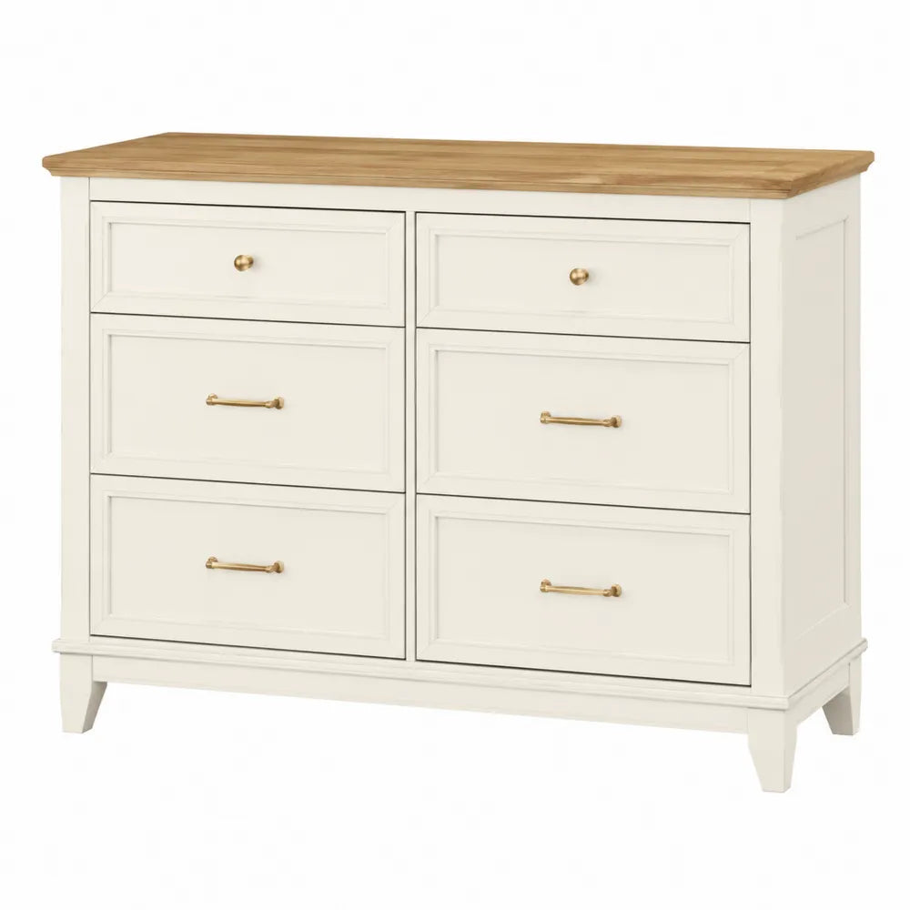 Cassettiera rettangolare con 6 cassetti in MDF bianco avorio e piano effetto rovere 120 x 40 x 80 cm