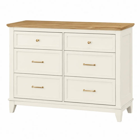 Cassettiera rettangolare con 6 cassetti in MDF bianco avorio e piano effetto rovere 120 x 40 x 80 cm