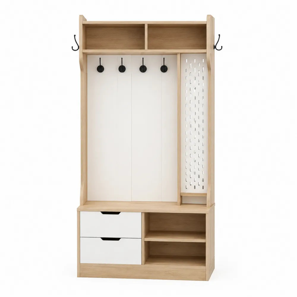 Mobili per ingresso appendiabiti e scarpiera in MDF effetto rovere chiaro con cassetti e ganci struttura 180 cm 100 cm 35 cm