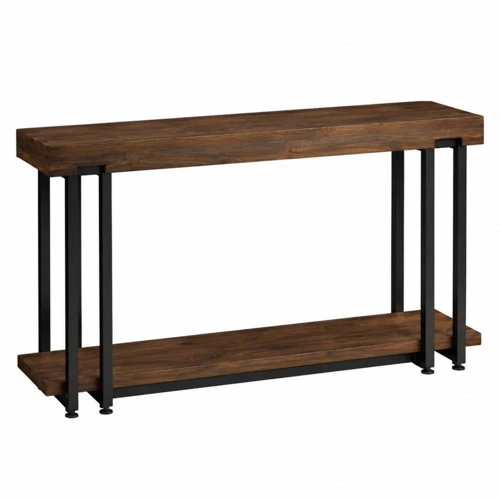 Tavolo consolle rettangolare in MDF effetto legno noce e acciaio verniciato nero con ripiano inferiore 120 x 35 x 80 cm