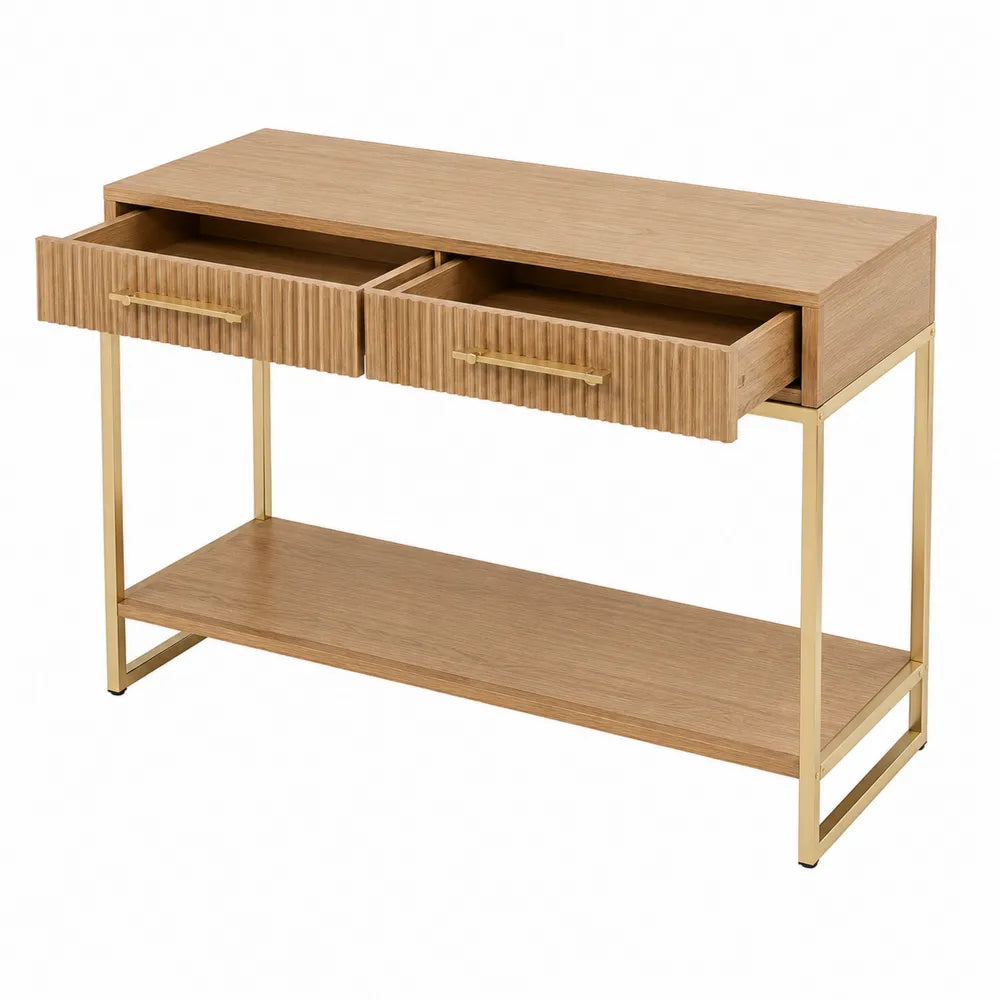 Tavolo consolle rettangolare in MDF effetto rovere naturale e acciaio oro con 2 cassetti e ripiano inferiore 120 x 35 x 80 cm
