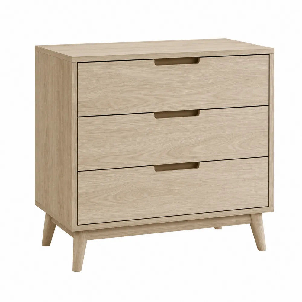 Cassettiera in MDF impiallacciato rovere chiaro con 3 cassetti e gambe in legno massello 80x40x75 cm