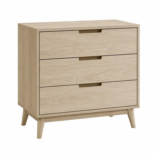 Cassettiera in MDF impiallacciato rovere chiaro con 3 cassetti e gambe in legno massello 80x40x75 cm