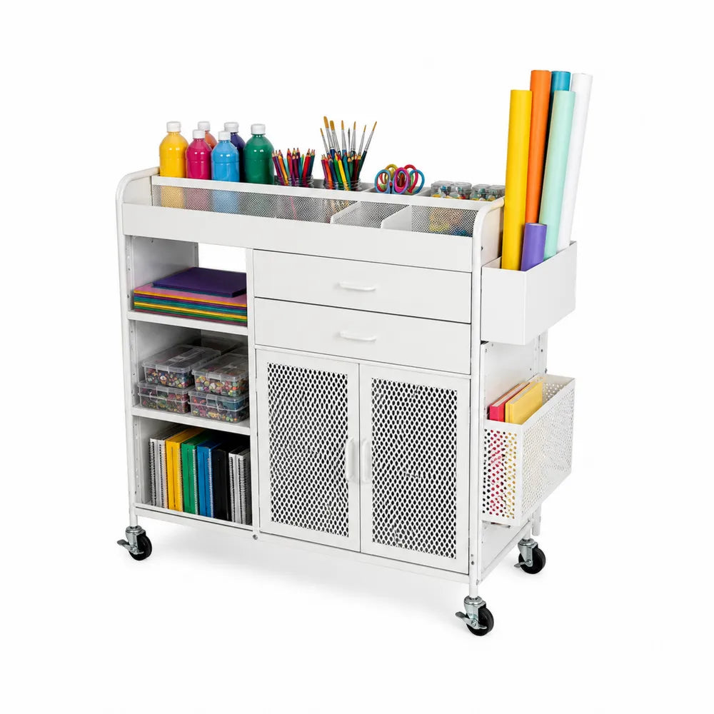 Carrello portaoggetti da interno in acciaio verniciato bianco con ruote cassetti ante a rete e ripiani 80 x 40 x 90 cm