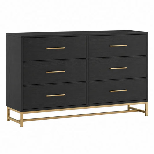 Cassettiera rettangolare con 6 cassetti in MDF nero e base in acciaio dorato 120 x 40 x 75 cm