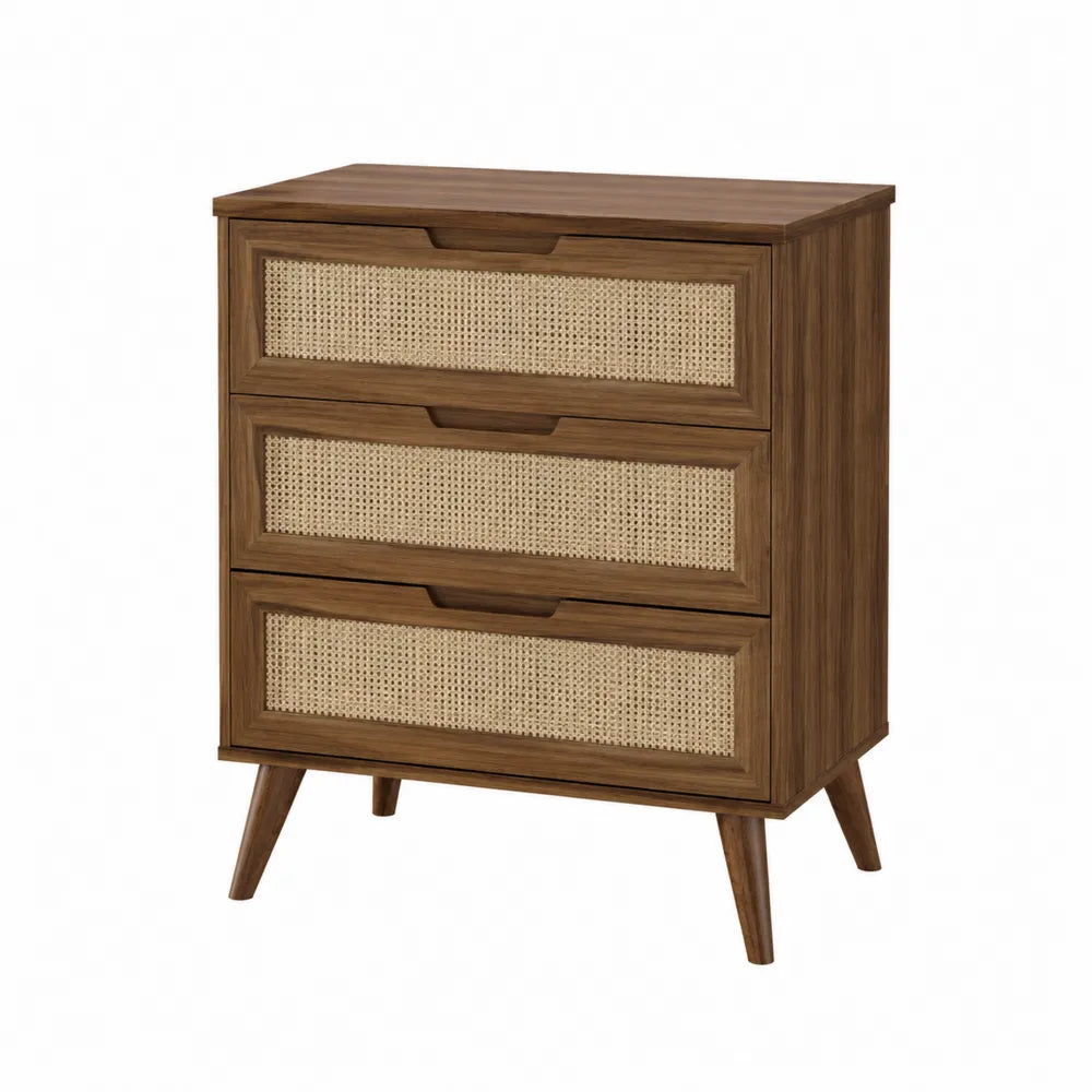 Cassettiera 3 cassetti in MDF effetto noce con frontali in rattan sintetico e gambe in legno 80x40x85 cm