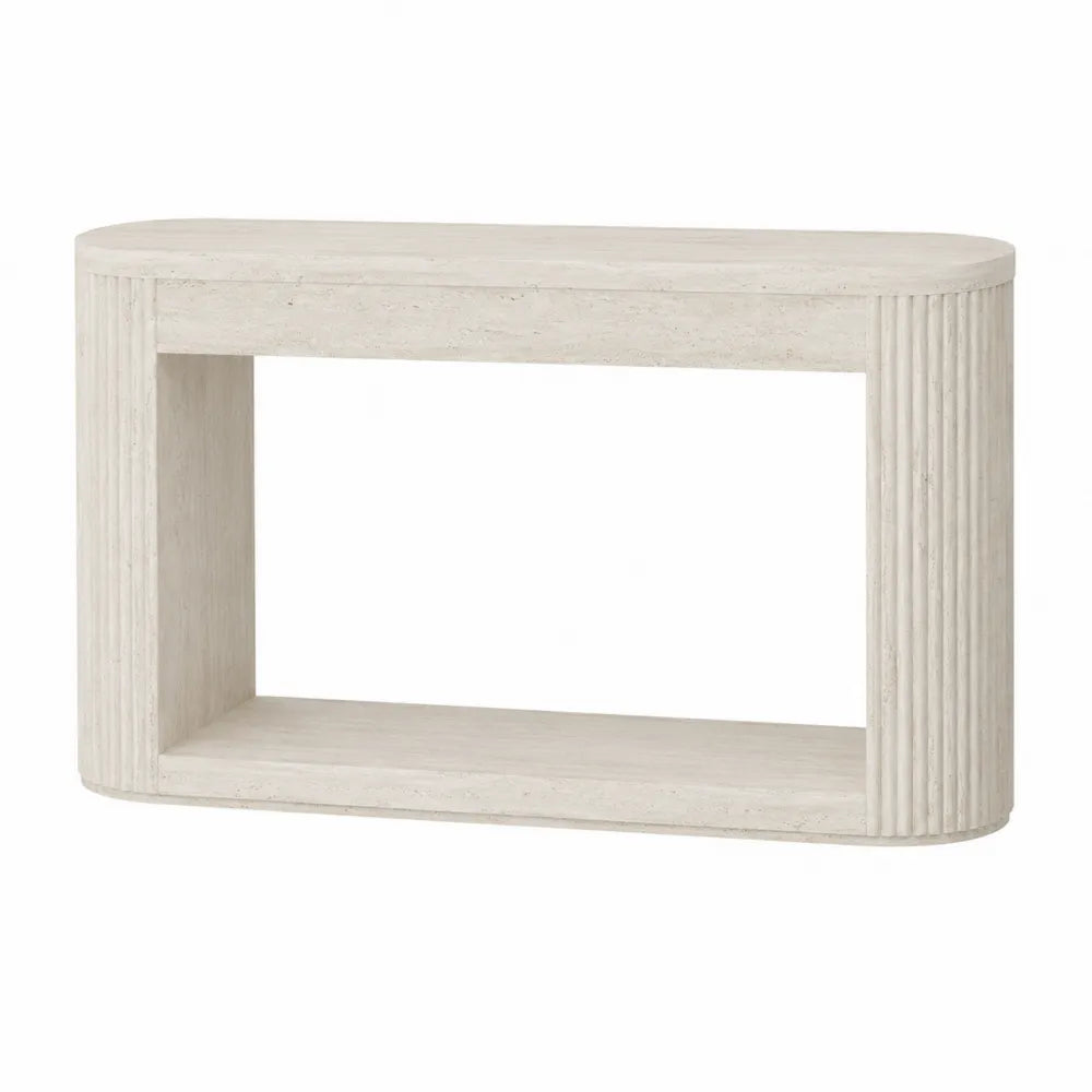 Tavolo consolle 120 cm in MDF effetto travertino beige struttura rettangolare con base aperta e lati scanalati altezza 80 cm profondità 38 cm