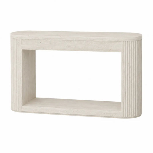 Tavolo consolle 120 cm in MDF effetto travertino beige struttura rettangolare con base aperta e lati scanalati altezza 80 cm profondità 38 cm
