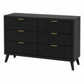 Cassettiera 6 cassetti in MDF nero con frontali effetto legno e maniglie dorate struttura moderna 120x40x80 cm circa