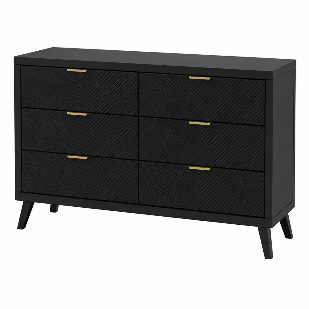 Cassettiera 6 cassetti in MDF nero con frontali effetto legno e maniglie dorate struttura moderna 120x40x80 cm circa